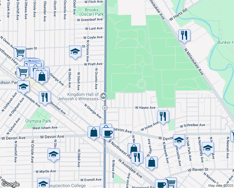 map of restaurants, bars, coffee shops, grocery stores, and more near 6549 North Neva Avenue in Chicago