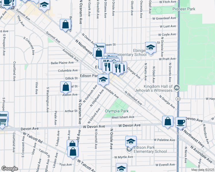map of restaurants, bars, coffee shops, grocery stores, and more near 6645 North Oliphant Avenue in Chicago