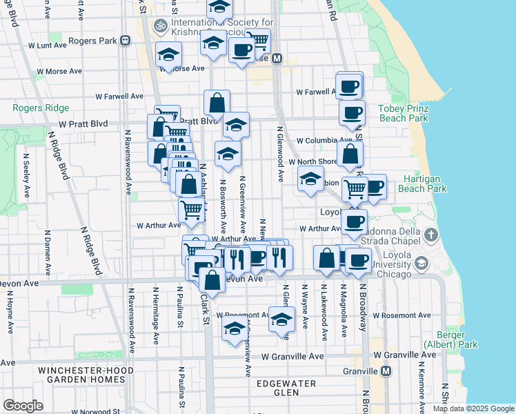 map of restaurants, bars, coffee shops, grocery stores, and more near 1437 West Albion Avenue in Chicago