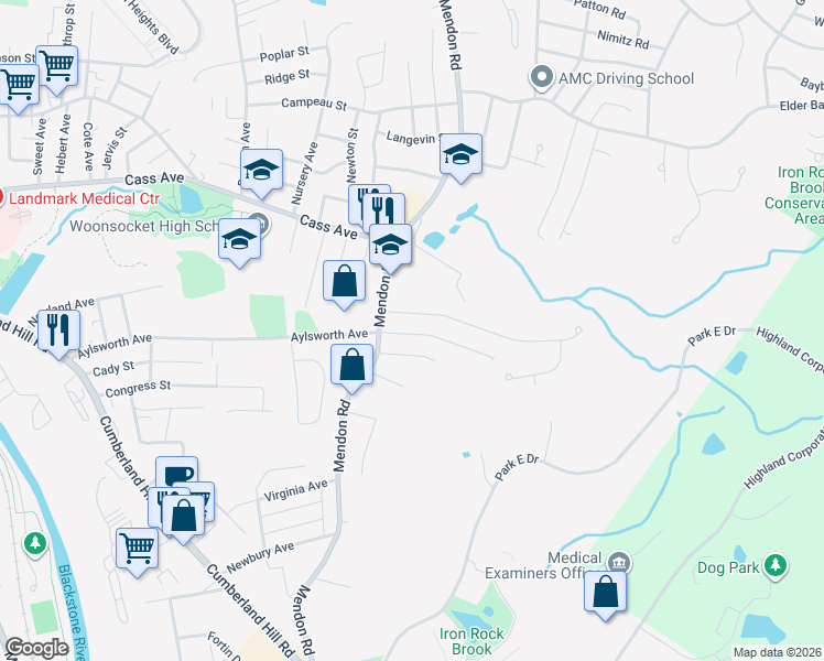 map of restaurants, bars, coffee shops, grocery stores, and more near 42 Manila Avenue in Woonsocket