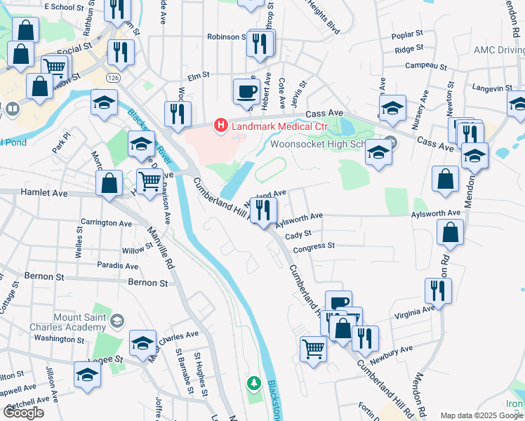 map of restaurants, bars, coffee shops, grocery stores, and more near 47 Laval Street in Woonsocket
