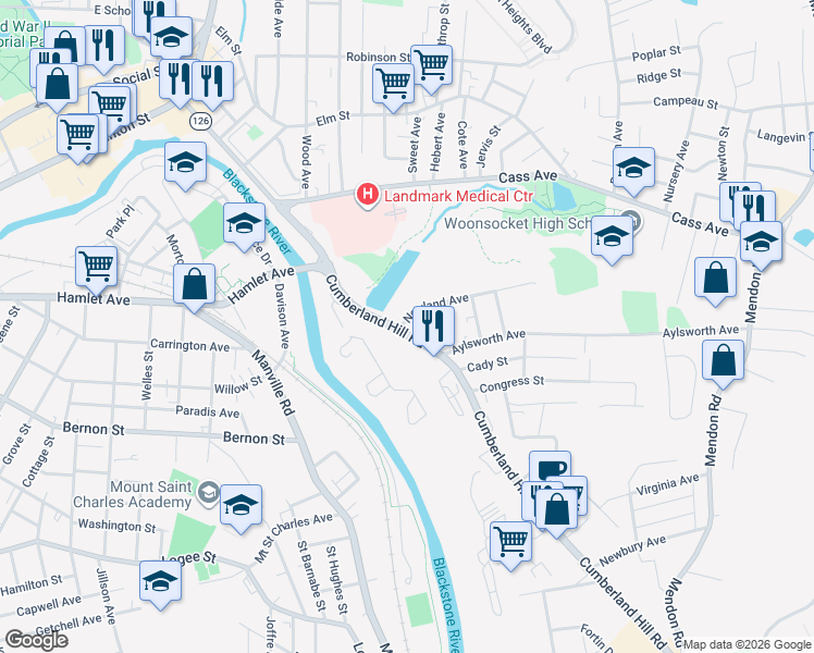 map of restaurants, bars, coffee shops, grocery stores, and more near 366 Cumberland Hill Road in Woonsocket