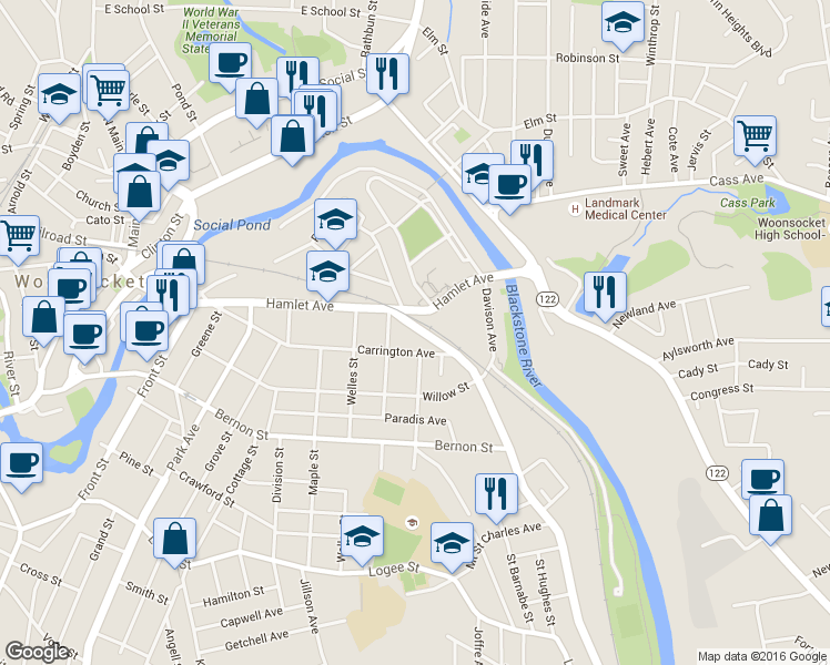 map of restaurants, bars, coffee shops, grocery stores, and more near 75 Manville Road in Woonsocket