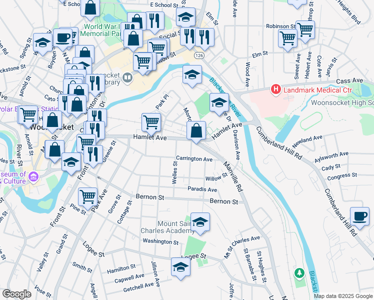 map of restaurants, bars, coffee shops, grocery stores, and more near 42 Welles Street in Woonsocket