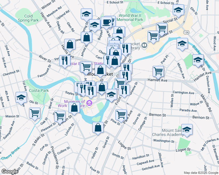 map of restaurants, bars, coffee shops, grocery stores, and more near 110 Allen Street in Woonsocket