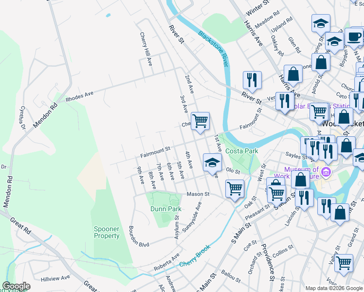 map of restaurants, bars, coffee shops, grocery stores, and more near 242 4th Avenue in Woonsocket