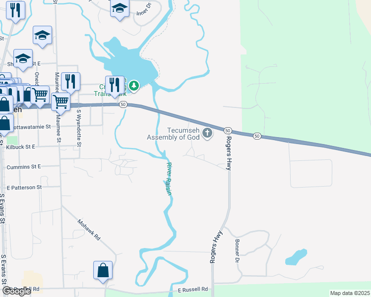 map of restaurants, bars, coffee shops, grocery stores, and more near 1460 East Chicago Boulevard in Tecumseh