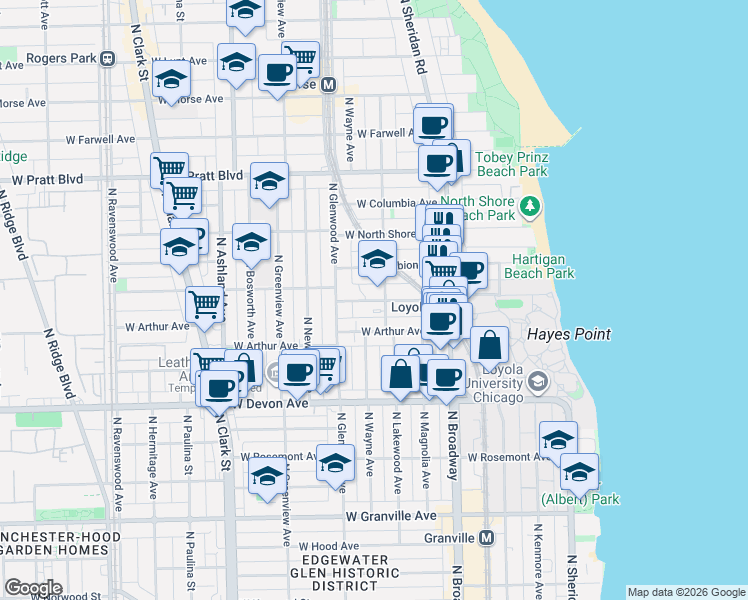 map of restaurants, bars, coffee shops, grocery stores, and more near 1320 West Loyola Avenue in Chicago