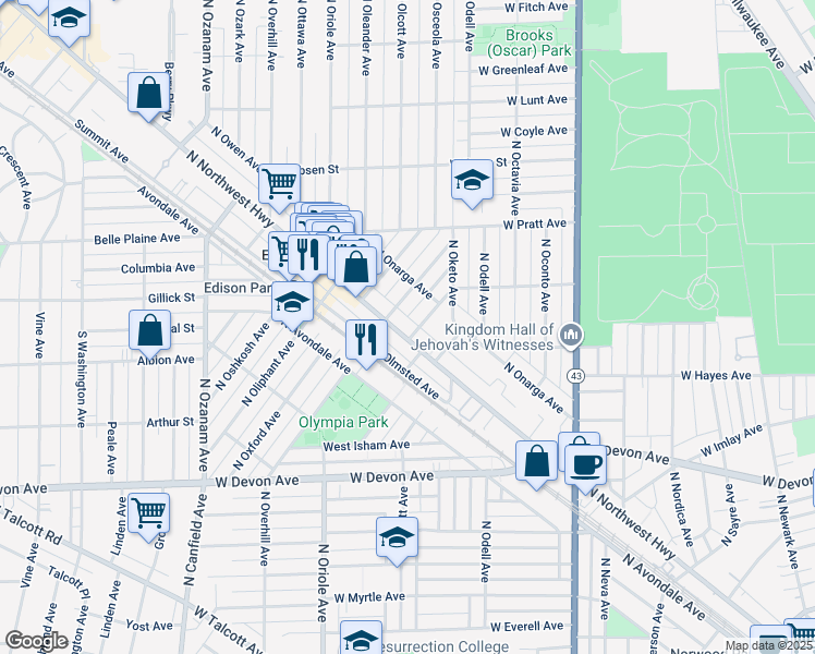 map of restaurants, bars, coffee shops, grocery stores, and more near 663 North Ogallah Avenue in Chicago