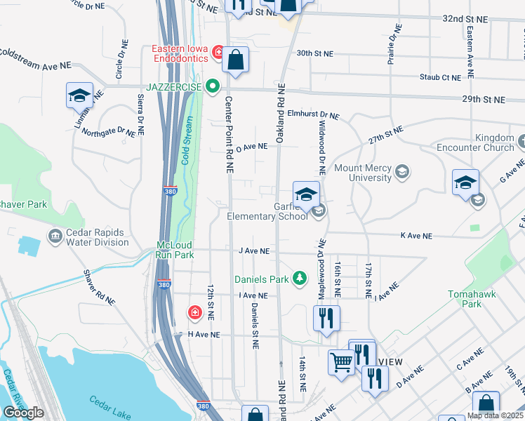 map of restaurants, bars, coffee shops, grocery stores, and more near 1215 Oakland Road Northeast in Cedar Rapids