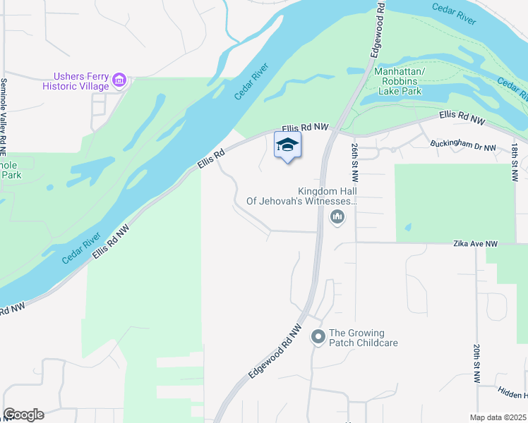 map of restaurants, bars, coffee shops, grocery stores, and more near River Bluffs Drive in Cedar Rapids