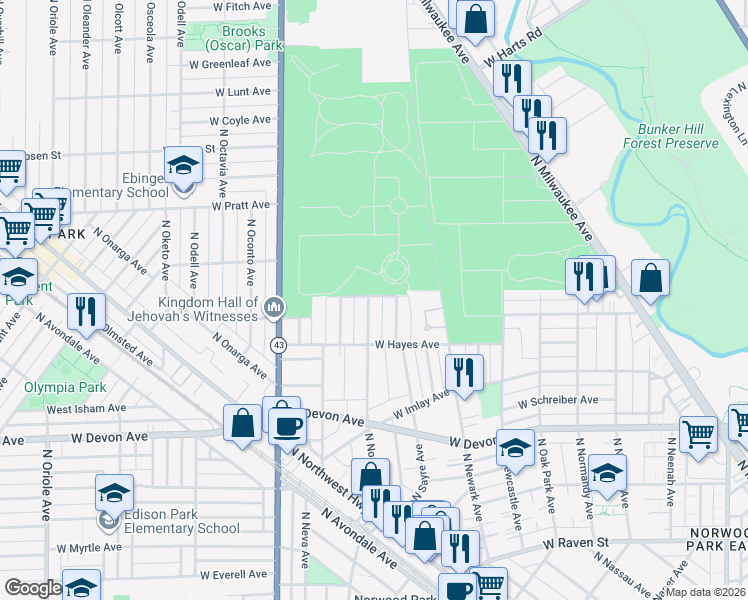 map of restaurants, bars, coffee shops, grocery stores, and more near 6549 North Nordica Avenue in Chicago