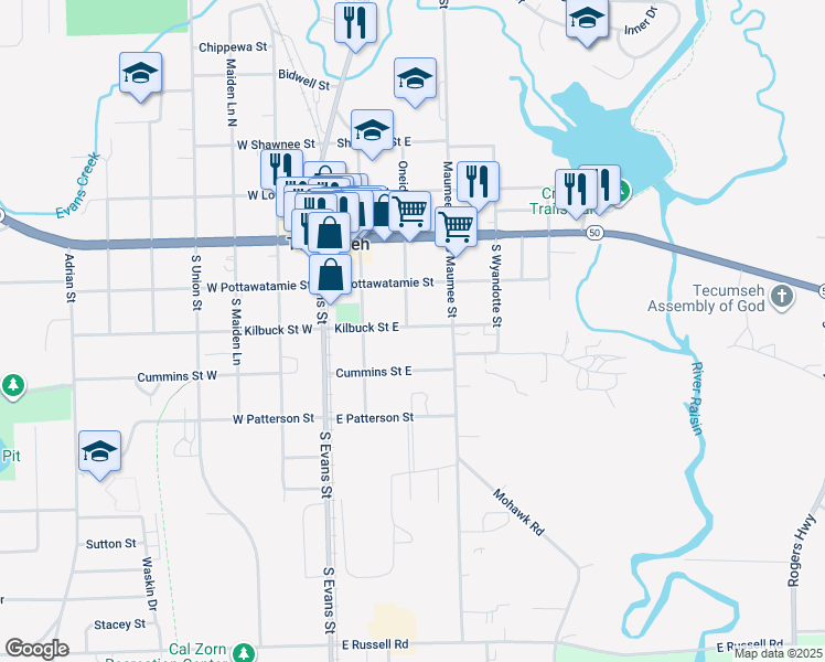 map of restaurants, bars, coffee shops, grocery stores, and more near 310 Kilbuck Street West in Tecumseh