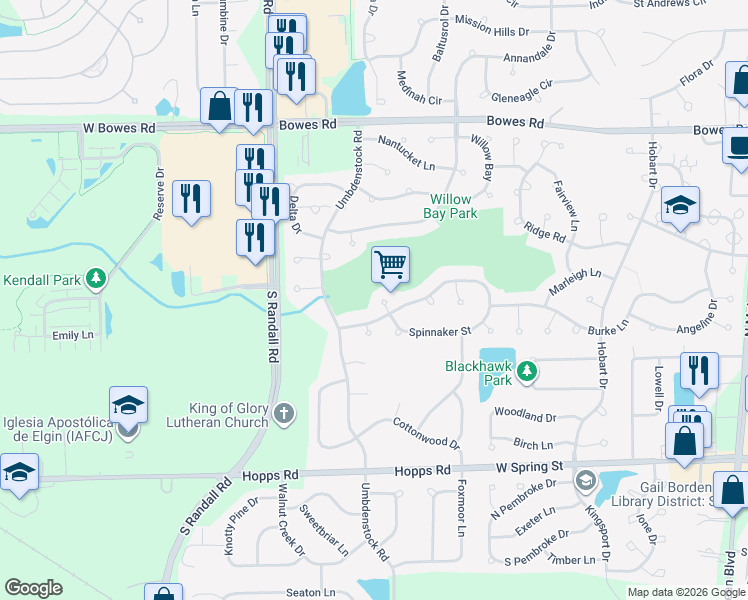 map of restaurants, bars, coffee shops, grocery stores, and more near 1208 Bristol Bay in Elgin