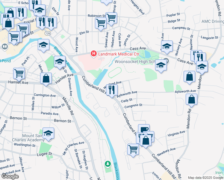 map of restaurants, bars, coffee shops, grocery stores, and more near 47 Laval Street in Woonsocket