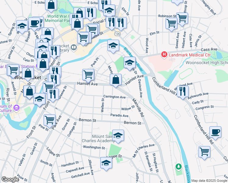 map of restaurants, bars, coffee shops, grocery stores, and more near 41 Bennett Street in Woonsocket