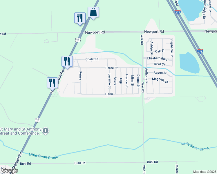 map of restaurants, bars, coffee shops, grocery stores, and more near 8455 Laverne Street in Monroe County