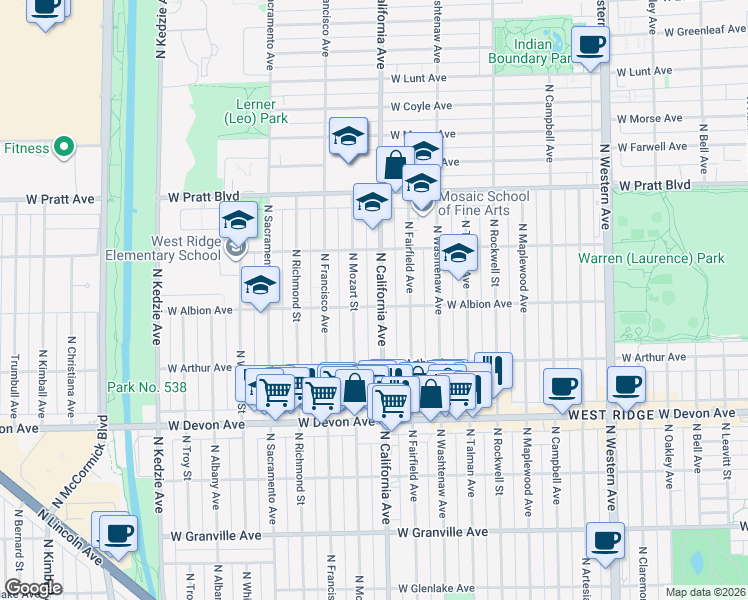 map of restaurants, bars, coffee shops, grocery stores, and more near 2800 West Albion Avenue in Chicago