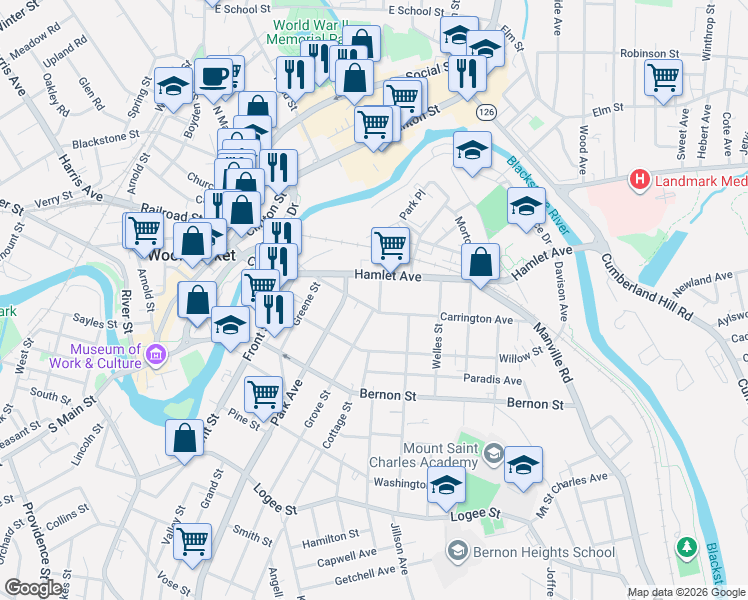 map of restaurants, bars, coffee shops, grocery stores, and more near 42 Grove Street in Woonsocket