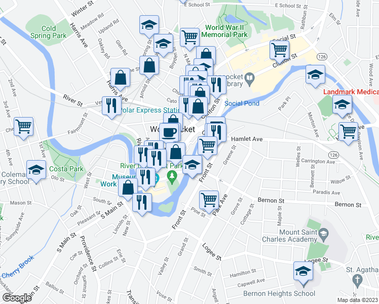 map of restaurants, bars, coffee shops, grocery stores, and more near 110 Allen Street in Woonsocket