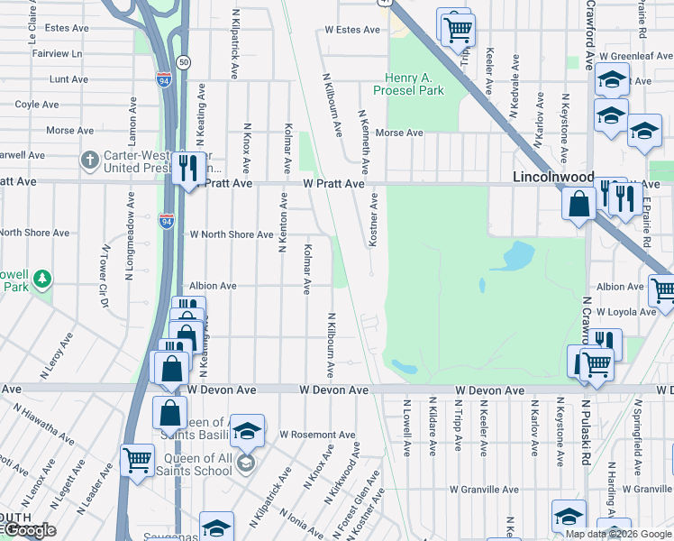 map of restaurants, bars, coffee shops, grocery stores, and more near 6617 North Kilbourn Avenue in Lincolnwood