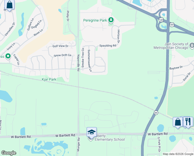 map of restaurants, bars, coffee shops, grocery stores, and more near 1368 Foxglove Drive in Bartlett