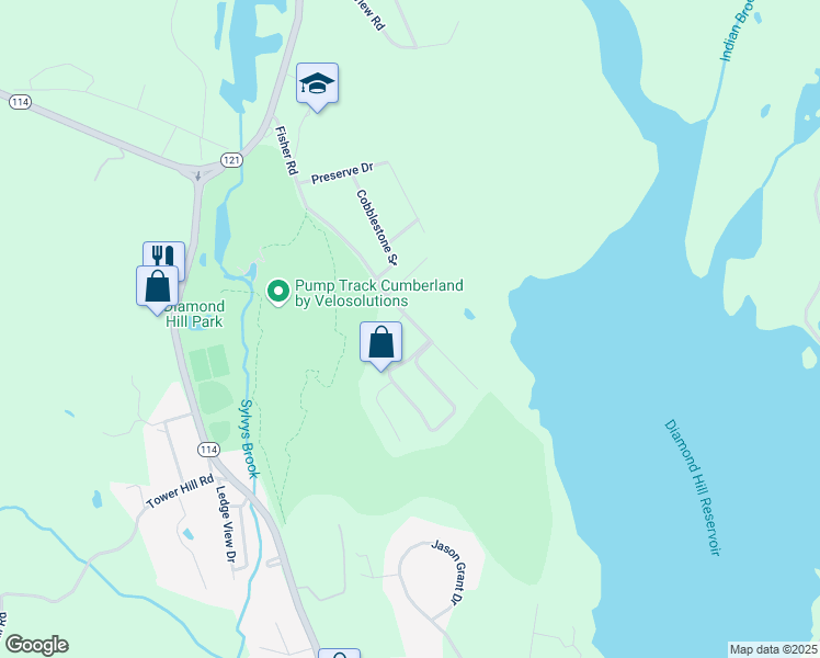 map of restaurants, bars, coffee shops, grocery stores, and more near 43 Fisher Road in Cumberland