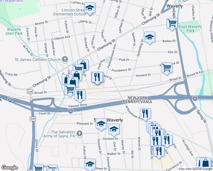 map of restaurants, bars, coffee shops, grocery stores, and more near 407 Broad St in Waverly