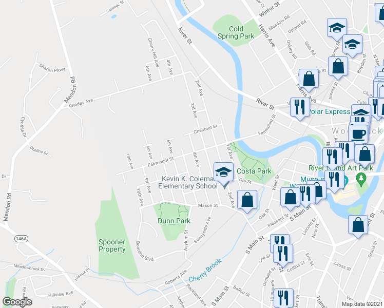 map of restaurants, bars, coffee shops, grocery stores, and more near 242 4th Avenue in Woonsocket