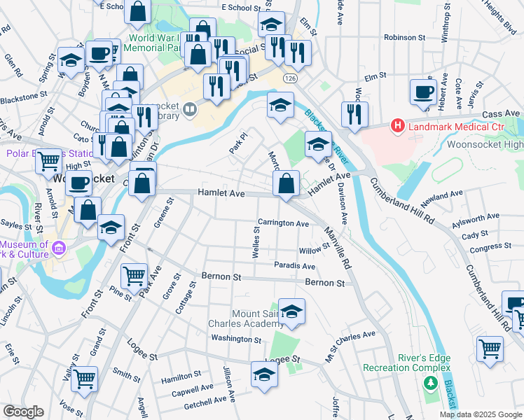 map of restaurants, bars, coffee shops, grocery stores, and more near 42 Welles Street in Woonsocket