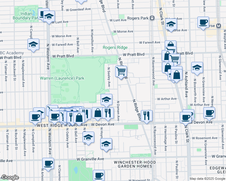 map of restaurants, bars, coffee shops, grocery stores, and more near 6561 West Albion Avenue in Chicago