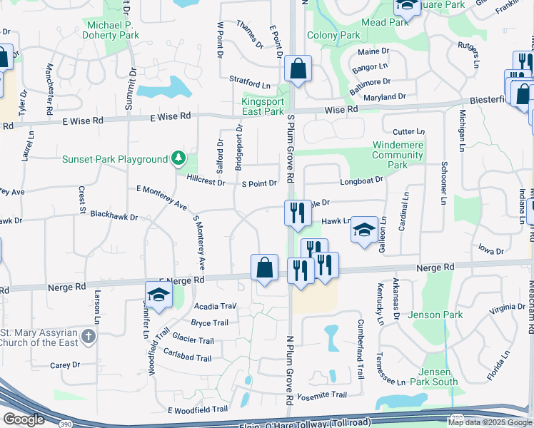 map of restaurants, bars, coffee shops, grocery stores, and more near 715 Greenbriar Lane in Schaumburg
