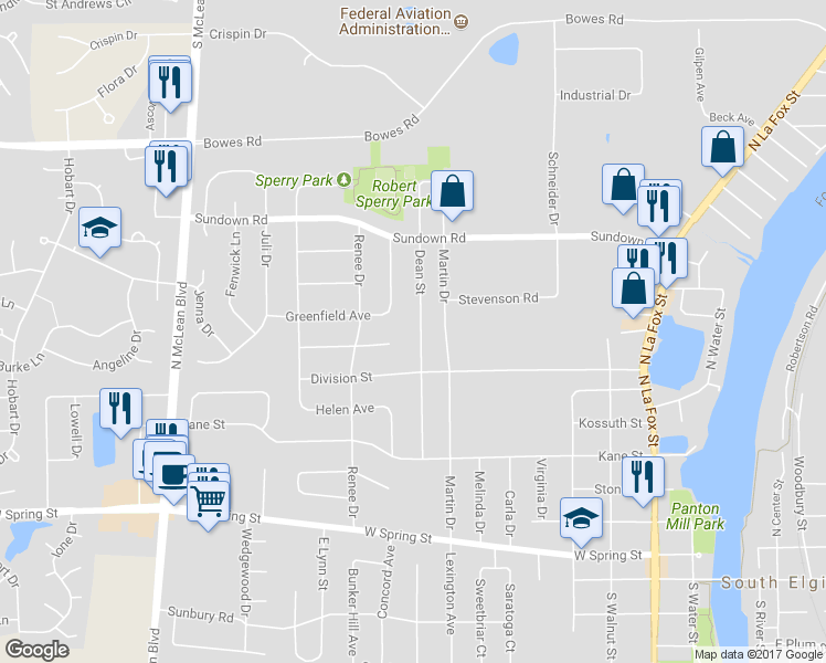 map of restaurants, bars, coffee shops, grocery stores, and more near 582 Dean Street in South Elgin