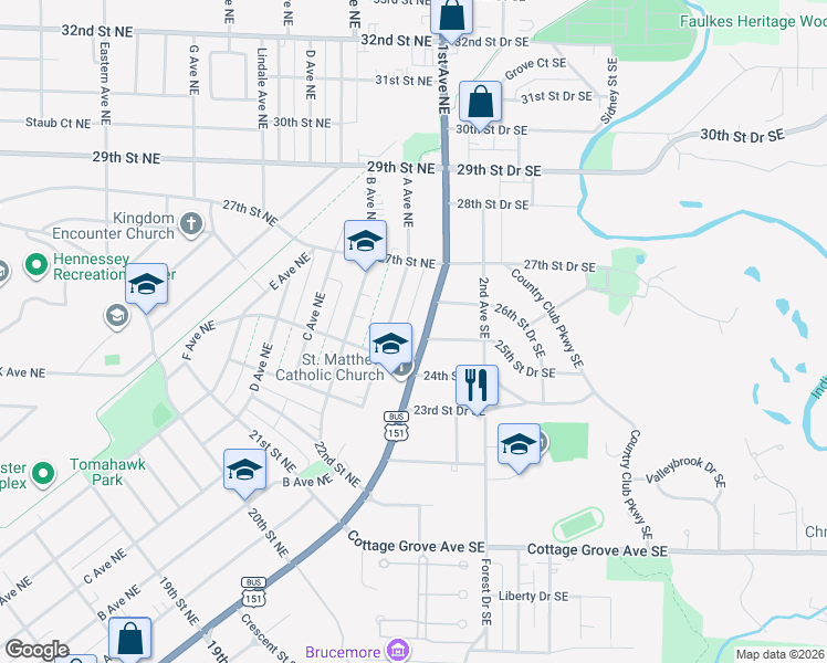map of restaurants, bars, coffee shops, grocery stores, and more near 2428 1st Avenue Southeast in Cedar Rapids