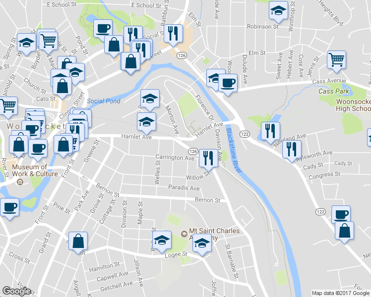 map of restaurants, bars, coffee shops, grocery stores, and more near 77 Manville Road in Woonsocket