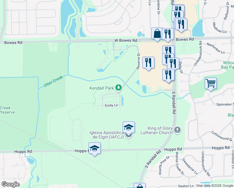 map of restaurants, bars, coffee shops, grocery stores, and more near 2405 Anna Way in Elgin