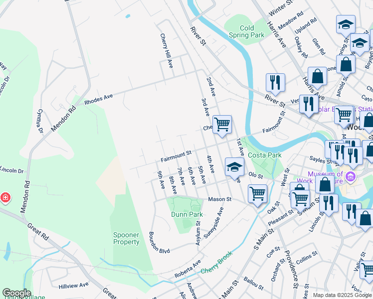map of restaurants, bars, coffee shops, grocery stores, and more near 531 Fairmount Street in Woonsocket