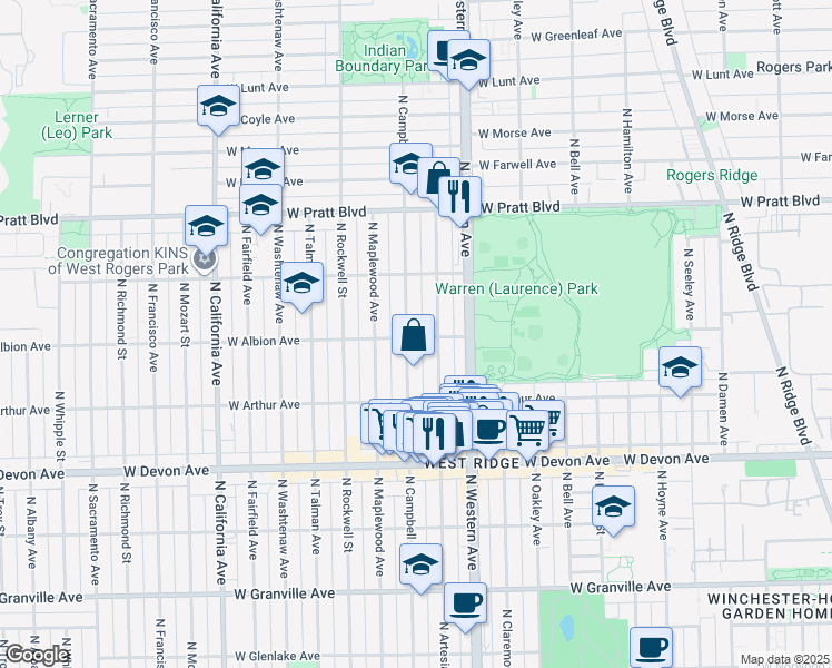 map of restaurants, bars, coffee shops, grocery stores, and more near 2450 West Albion Avenue in Chicago