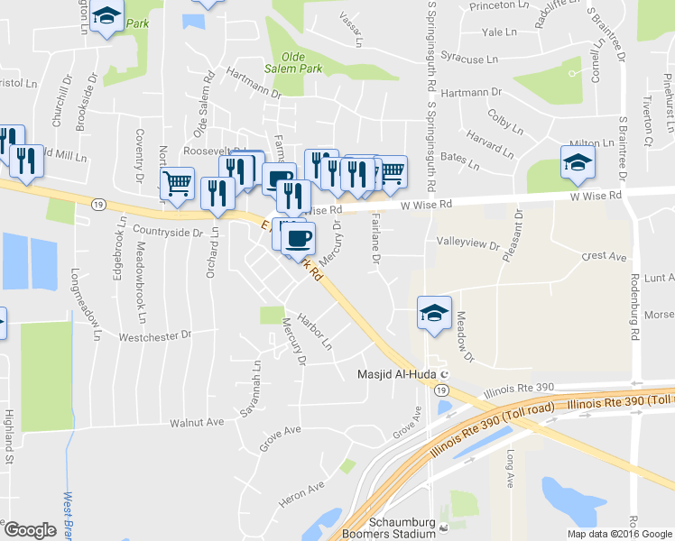 map of restaurants, bars, coffee shops, grocery stores, and more near 1800 Irving Park Road in Schaumburg
