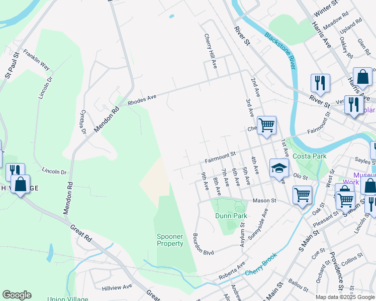 map of restaurants, bars, coffee shops, grocery stores, and more near 531 10th Avenue in Woonsocket