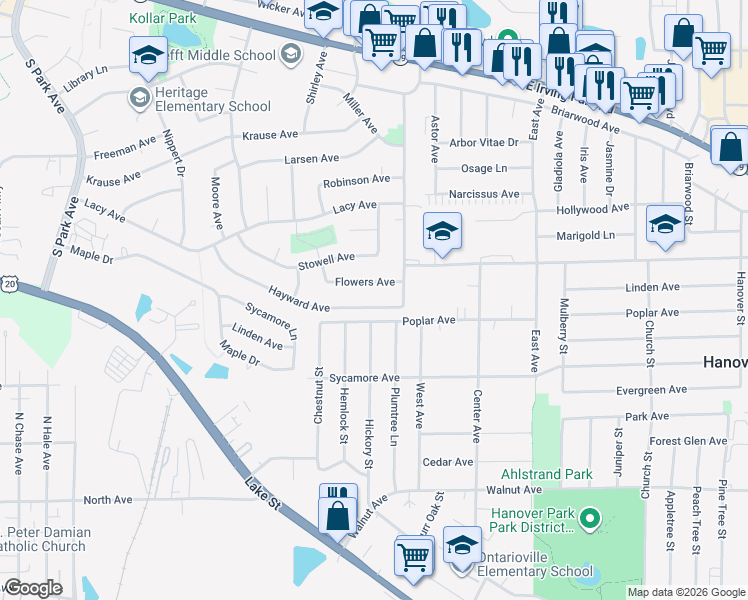 map of restaurants, bars, coffee shops, grocery stores, and more near 809 Hayward Avenue in Streamwood