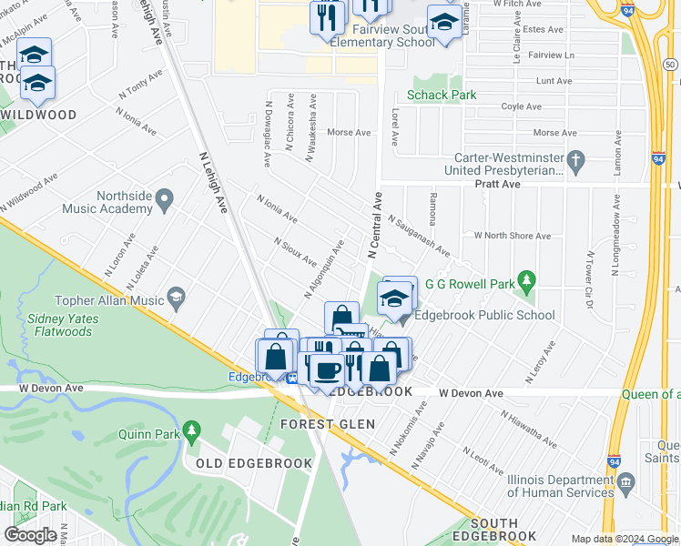 map of restaurants, bars, coffee shops, grocery stores, and more near 6631 North Sioux Avenue in Chicago