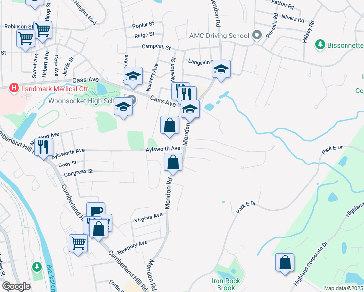 map of restaurants, bars, coffee shops, grocery stores, and more near 482 Aylsworth Avenue in Woonsocket