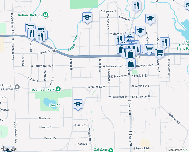 map of restaurants, bars, coffee shops, grocery stores, and more near 411 Kilbuck Street West in Tecumseh