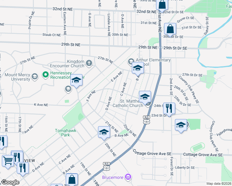 map of restaurants, bars, coffee shops, grocery stores, and more near 417 24th Street Northeast in Cedar Rapids