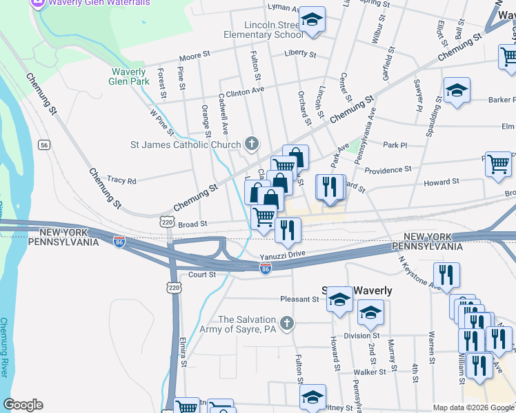 map of restaurants, bars, coffee shops, grocery stores, and more near 411-413 Loder St in Waverly