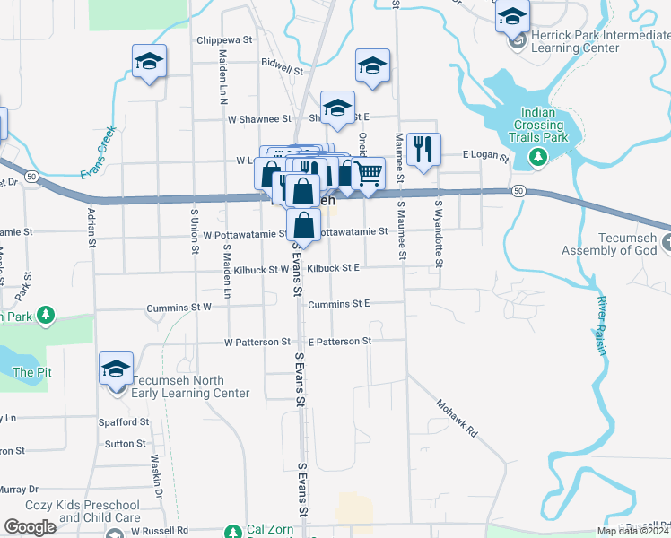 map of restaurants, bars, coffee shops, grocery stores, and more near 212 Kilbuck Street East in Tecumseh