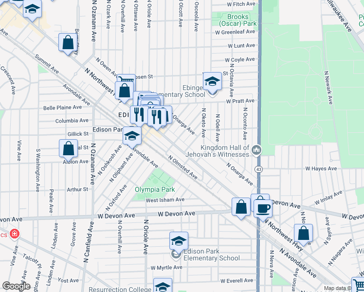 map of restaurants, bars, coffee shops, grocery stores, and more near 6625 North Northwest Highway in Chicago