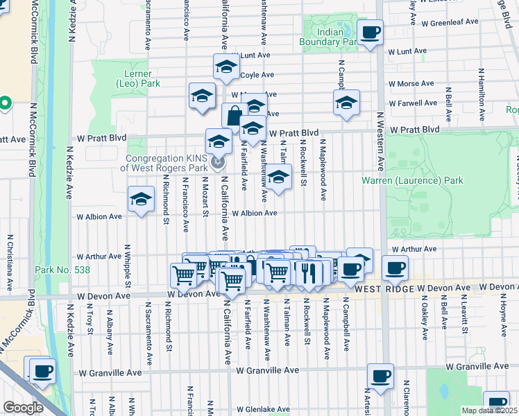 map of restaurants, bars, coffee shops, grocery stores, and more near 6604 North Washtenaw Avenue in Chicago