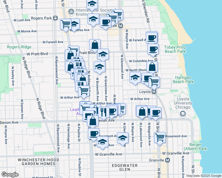 map of restaurants, bars, coffee shops, grocery stores, and more near 1439 West Albion Avenue in Chicago